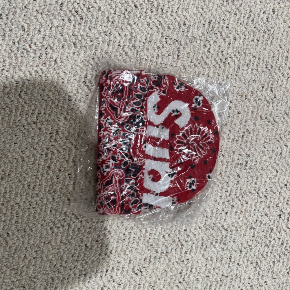 Supreme Red and White Patterned Beanie